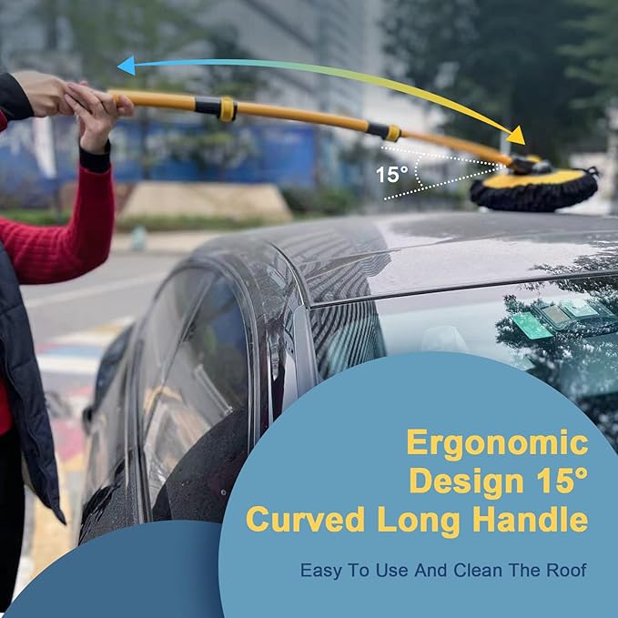 YeewayVeh Car Wash Brush with Long Handle, Microfiber Car Wash Mop with Replaceable Chenille Brush Head, Soft Cleaning Brush with 15° Curved Extension Pole Car Wash Kit for RV Truck Camper, YELLOW