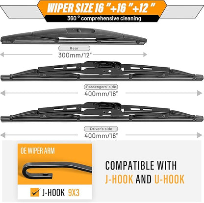 AUTOBOO 16+16+12 Replacement for Jeep Wrangler Windshield Wiper Blades 2018-2021 2022 2023 -Original Factory Quality (Pack of 3)