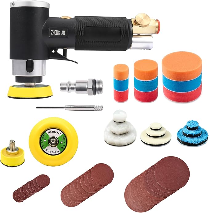 ZHONG AN 1'' 2'' 3'' Mini Orbital Sander da sander Air Dual Action Sander High Speed Pneumatic Mini Sanders Includes 18Pcs 1/2/3in Polishing Sponge & Wool Pads, 30Pcs Sandpapers (BLACK)