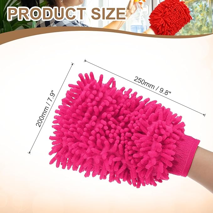 HARFINGTON 2pcs Chenille Microfiber Car Wash Mitts 9.8" x 7.9" Scratch Free Wash Gloves Absorbent Double Sided Plush Cleaning Drying Mitts for Car Washing Home Rose Red