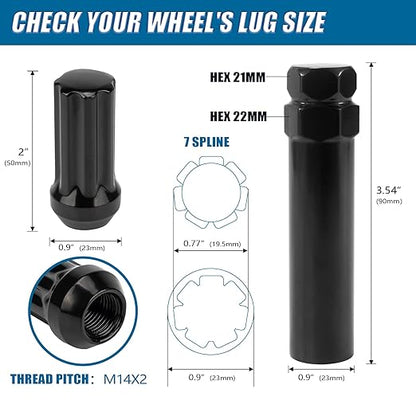 JiiinMiiin 24pcs M14x2.0 Lug Nuts Black with 7 Spline Tuner, 14x2 Locking Lugnut 2 inch Length with 1 Socket Key, 60 Degree Conical/Cone Bulge Seat Closed End.