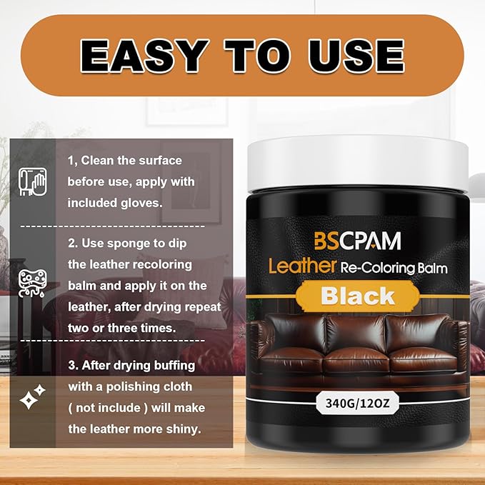 BSCPAM Black Leather Recoloring Balm, 12oz Leather Color Restorer for Couches, Leather Repair Kit for Furniture, Leather Dye for Leather Fade, Leather Repair Restore car seat