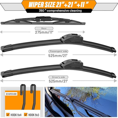 AUTOBOO 21"+21" Windshield Wipers with 11 Inch Rear Wiper Blade Replacement for Jeep Grand Cherokee 1999 2000 2001 2002 2003 2004-Original Factory Quality (Pack of 3)