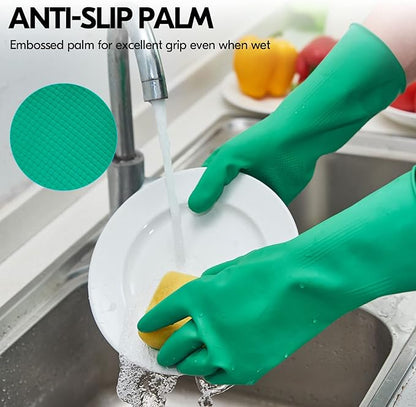 Vgo... 1-Pair Reusable Household Gloves, Rubber Dishwashing gloves, Extra Thickness, Long Sleeves, Kitchen Cleaning, Working, Painting, Gardening, Pet Care (Size M, Green, HH4601)