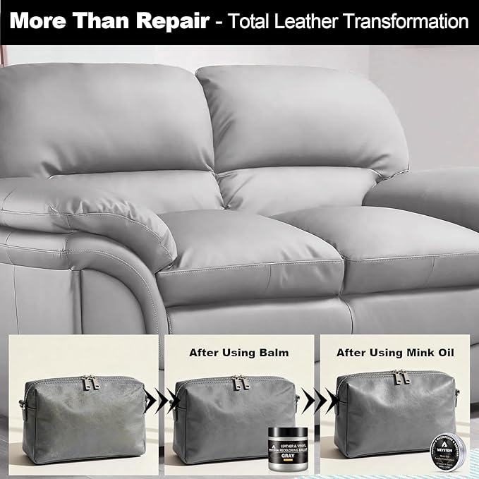 8.5 OZ Leather Recoloring Balm with 100ML Leather Conditioner - Gray Leather Repair Kit for Furniture, Leather Dye, Recolor, Renew, Repair & Restore Aged, Faded, Cracked, Peeling and Scuffed Leather