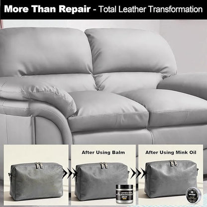 8.5 OZ Leather Recoloring Balm with 100ML Leather Conditioner - Gray Leather Repair Kit for Furniture, Leather Dye, Recolor, Renew, Repair & Restore Aged, Faded, Cracked, Peeling and Scuffed Leather