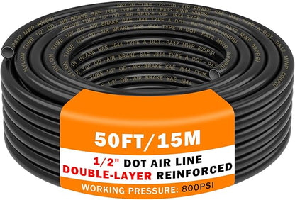 CheeMuii 50 FT 1/2" Double Layer DOT Air Line Premium PA12 Nylon 1/2 Pneumatic Tubing SAE J844 DOT Air Hose 15 Meter 1/2 Inch OD Pneumatic Air Tubing Pipe Hose Line