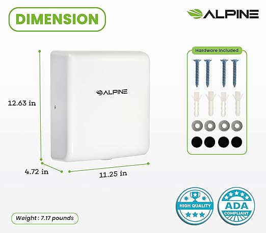 Alpine Commercial Hand Dryer with HEPA Filter, 8 Seconds Extreme Speed Electric Hand Dryer for Home Bathroom/Restaurant with Heat & Speed Control - ADA Compliant (120V White)