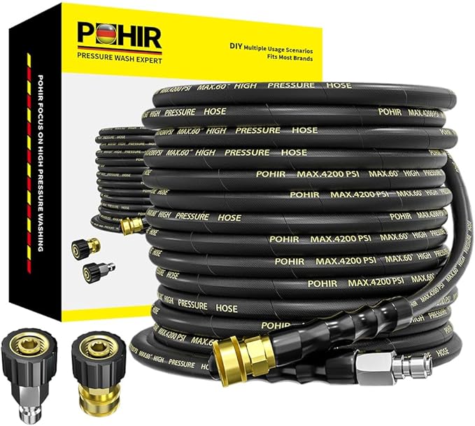 POHIR Pressure Washer Hose 50 ft with 3/8 Inch Quick Connect, Kink Resistant High Tensile Wire Braided,with 2 pcs M22 14mm Adapter Set, 4200 PSI Power Washer Hose