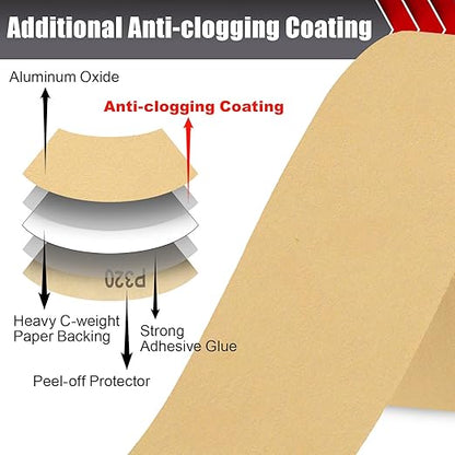 320 Grit PSA Longboard Sandpaper, 20-Yard Long Continuous Roll 2-3/4" Wide Self-Adhesive Sanding Paper for Auto Body Woodworking Metalworking