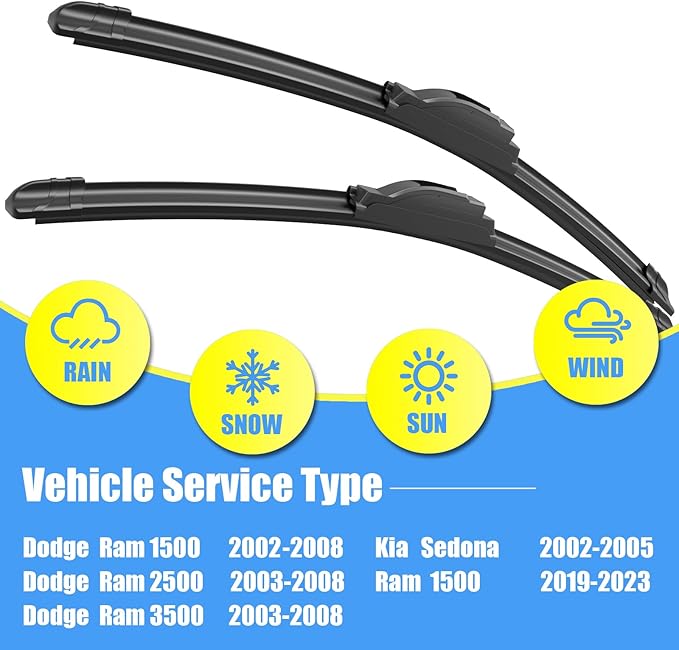 Gavimnal® 24"+24" Silicone Wiper Blades Replacement For Dodge Ram 1500 2002-2008 Ram 2500 2003-2008 Ram 3500 2003-2008 Ram 1500 2019-2025,All-Season Front Windshield Wiper Blades(Set of 2)