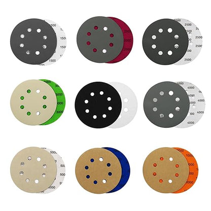 80PCS 5 Inch Sanding Discs Hook & Loop Sandpaper 1500/2000/2500/3000/4000/5000/7000/10000 Grit Orbital Wet Dry Sandpaper with 2PCS Interface Pads for Automotive Wood Metal Polishing