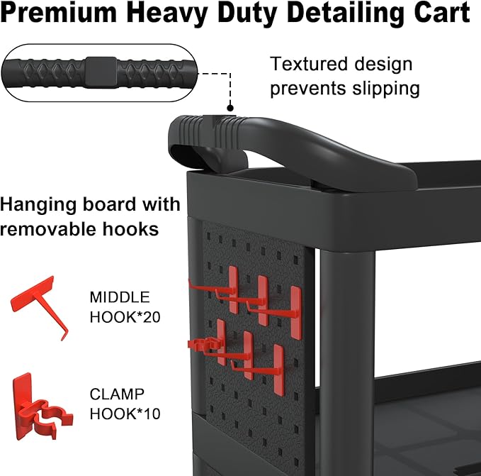 3 Tier Car Detailing Cart, Auto Detail Trolley with Wheels, Side Hanging Plate & Hooks, Detailing Tool Organizer for Mechanics & Detailers (Black)