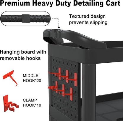 3 Tier Car Detailing Cart, Auto Detail Trolley with Wheels, Side Hanging Plate & Hooks, Detailing Tool Organizer for Mechanics & Detailers (Black)