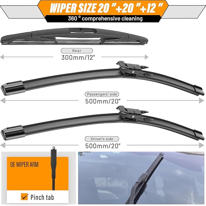 AUTOBOO 20+20 Windshield Wipers Blades for Ford Escape 2012 2011 2010 2009 2008 with 12 Rear Blade Original Equipment Replacement- I&L Pinch Tab (Pack of 3)