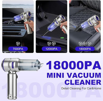 Handheld Car Vacuum Portable Cordless - 18000PA High Power with Brushless Motor, 4-in-1 Air Duster, Blower, Pump & Rechargeable Mini Vacuum for Car, Home, Office (Silver Grey+Blue)