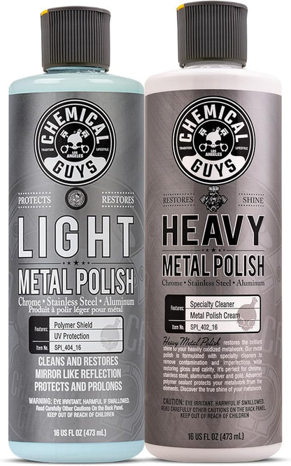Chemical Guys Light & Heavy Metal Polish Kit - Restore, Protect & Shine All Metal Surfaces, Removes Oxidation, Rust & Tarnish from Chrome, Aluminum, Stainless Steel & More, Includes 2 x 16 oz Bottles