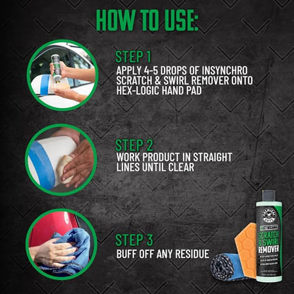 Chemical Guys Insynchro Scratch & Swirl Remover (8 oz) - Kit with Hex Logic Dual Sided Hand Polishing Pad and Monster Extreme Microfiber Towel for Paint Restoration and Gloss Enhancement