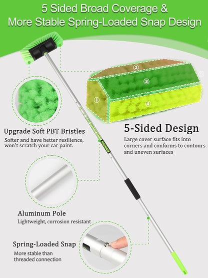 Five-Sided Car Wash Brush with Long Handle，Soft Bristle Scrub Cleaning Mop with Extendable Handle for Car, SUV, Truck, Caravan, Boat, House Siding, Sweep Snow 60”/151cm