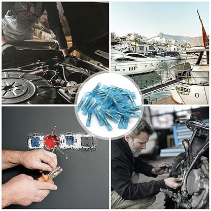 Heat Shrink Butt Connectors, 16-14 AWG 100Pcs Blue Waterproof Electrical Crimp Wire Splice for Marine, Cable, Wiring