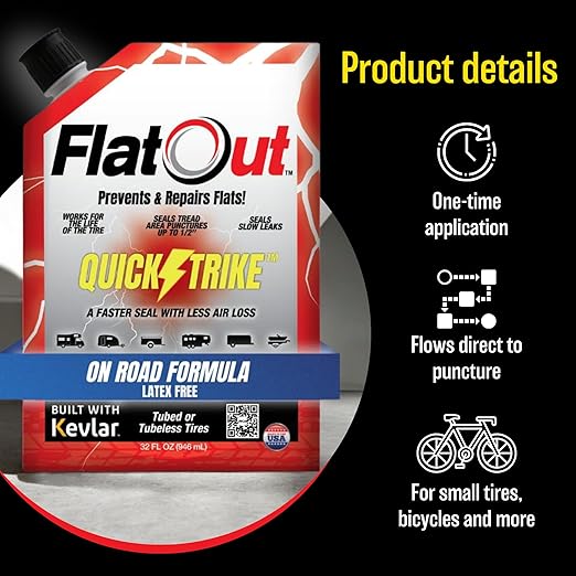 FlatOut QuickStrike Tire Sealant On Road Formula - Prevent Flat Tires, Seal Leaks, Contains Kevlar, 32-Ounce Bag