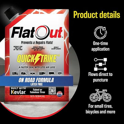 FlatOut QuickStrike Tire Sealant On Road Formula - Prevent Flat Tires, Seal Leaks, Contains Kevlar, 32-Ounce Bag