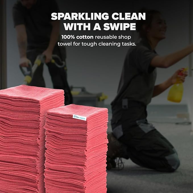SIMPLI-Magic Cotton Shop Towels 14"x12" (150 Pack) – Reusable Cleaning Shop Rags for Automobiles, Industries, Garage and Homes (Red)