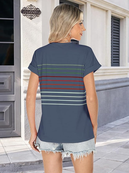 Womens Summer Tops Short Dolman Sleeve Crew Neck Striped Shirts Spring 2026 Fashion Beach Vacation Clothing
