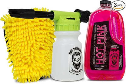 Mr. Detroit - 3pc Car Wash Kit with Foam Blaster, 64oz Car Soap, Chenille Wash Glove, Scratch-Free Cleaning Foam Gun Streak-Free Exterior Cleaner for Auto Cleaning & Home Use