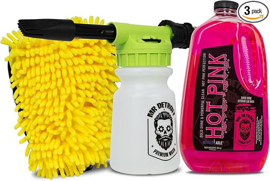 Mr. Detroit - 3pc Car Wash Kit with Foam Blaster, 64oz Car Soap, Chenille Wash Glove, Scratch-Free Cleaning Foam Gun Streak-Free Exterior Cleaner for Auto Cleaning & Home Use