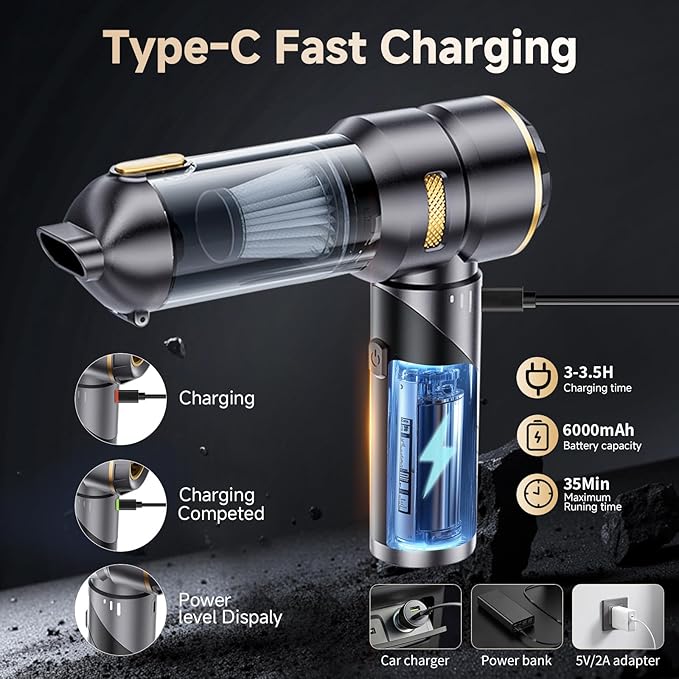 AQSFLA Car Vacuum Portable Cordless 22000PA High Power Handheld Mini Vacuum Cleaner Rechargeable Foldable with Brushless Motor Air Blower Duster Pump for Car Home Office Pet (Gray)