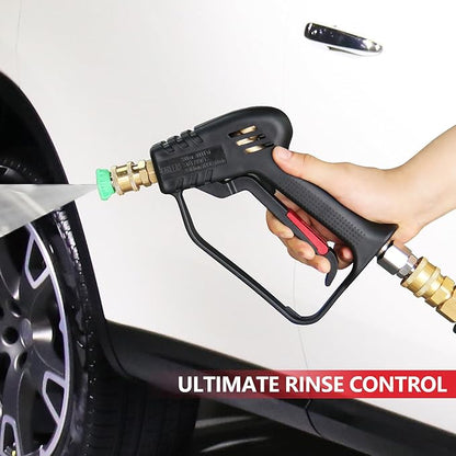 Short Pressure Washer Gun with Swivel, Anti-Tangle Design, Max 4000 PSI, Heavy Duty, 3/8" QC & M22 14/15mm Inlet, 1/4" Quick Connect Outlet for Car Detailing
