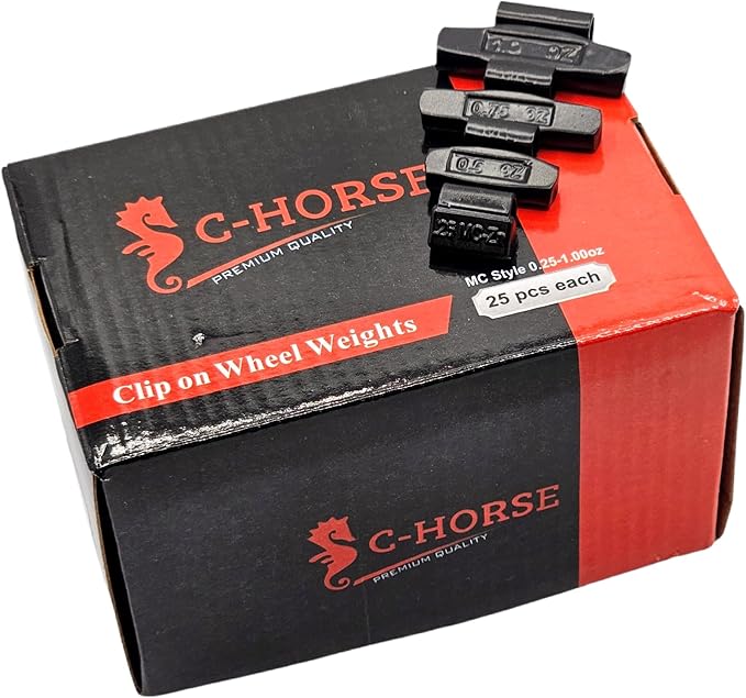 C-HORSE 100Pcs MC Series Clip on Wheel Weights Black Coated Assortment for Hammer Type Rim Balancers, 0.25oz, 0.50oz, 0.75oz, 1.0oz, 25pcs for Each Size Fit for Steel Wheel (MC Style, 0.25-1)