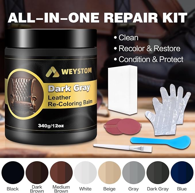 WEYSTOM Leather Recoloring Balm, 12oz Large Size Leather Dye, Color Restorer, Scratch Repair, Furniture & Couch Restorer Kit, Repair Kit for Furniture(Dark Gray)