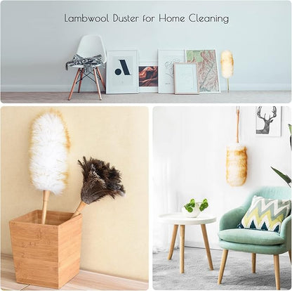 Lambswool Duster 16'' Length Solid Wooden Handle Leather Hang Strap for Cleaning Ceiling Fans Window Blinds Computer Furniture Figurines TV Natural Feather Duster,Pink