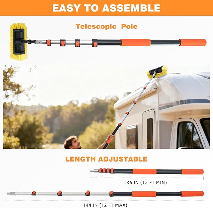 12FT/144inch Car Wash Brush with Long Handle Telescopic Pole Angle Adapter Car Cleaning Tool with 2 Pcs 12" Soft Bristle and Hard Bristle for Car Truck RV House Floor Window Glass Roof Pool