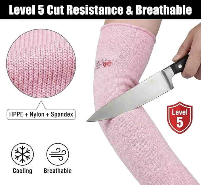 GOL-SIV Arm Protectors For Thin Skin And Bruising, Cut Resistant Sleeves For Men Women, A5 Level Pink Arm Sleeve For Gardening (Pink, 17.7 In)