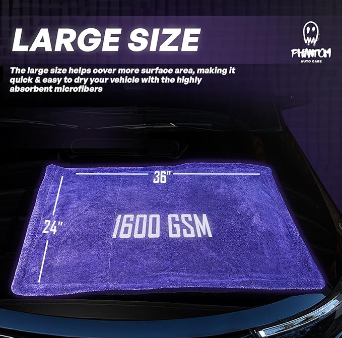 Phantom Drying Towel - 1600 GSM, Large 24" x 36", Ultra-Absorbent Twisted Loop Microfiber, Premium Quality for Cars, Trucks & Multi-Purpose Use