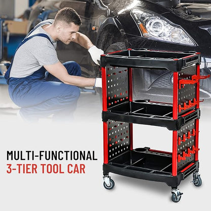 AstraLoom Heavy-Duty Car Detailing Cart for Garage & Workshop – 3-Tier Auto Tool Cart with 4 Tool Boards, 32 Hooks, Lockable Wheels & 440 lbs Capacity