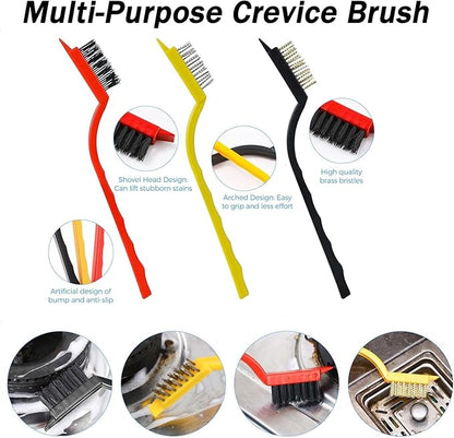Crevice Cleaning Brush, Nylon, Brass, Small Metal Wire Brush with Curved Handle Grip for Rust, Dirt Paint Cleaning, Paint and Stain (Yellow, Red, Black, 7 Pack)