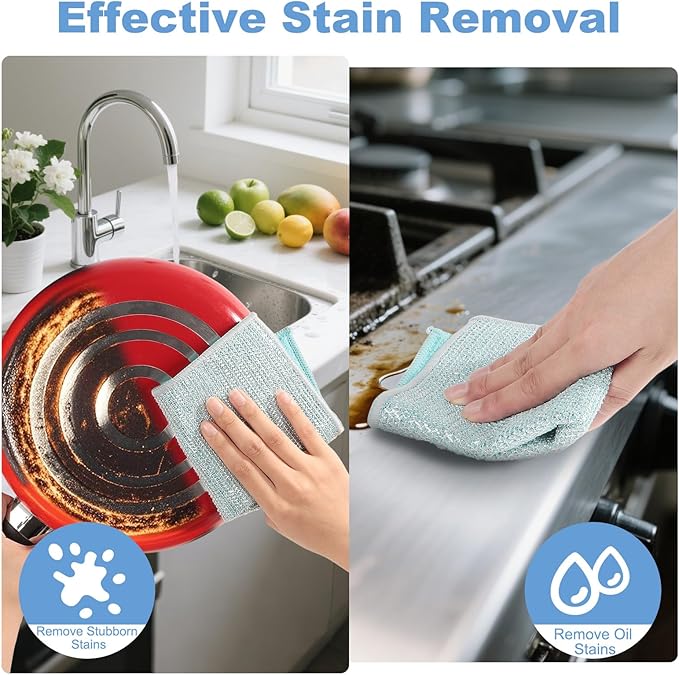TIVERAIN 10pcs New Upgrade 2-Layer Microfiber Wire Dishcloth,Non-Scratch Wire Dishwashing Rags for Wet and Dry,Metal Scrubbers, Kitchen Miracle Cleaning Dish Rags for Cookware,Sinks, Dishes,Stove,Blue