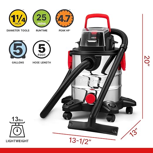 Shop-Vac 20V Wet/Dry Cordless Vacuum, 5 Gallon, 4.7 Peak HP, 10kPa Strong Suction & Blower, Portable Vacuum, 4.0A Battery Powered for Car, Home and Garage