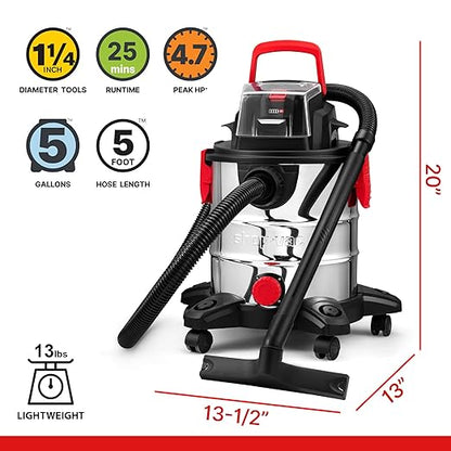 Shop-Vac 20V Wet/Dry Cordless Vacuum, 5 Gallon, 4.7 Peak HP, 10kPa Strong Suction & Blower, Portable Vacuum, 4.0A Battery Powered for Car, Home and Garage