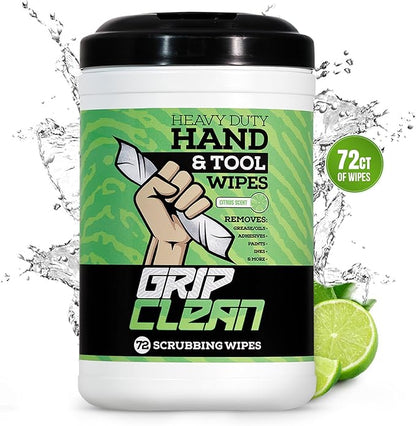 Grip Clean Heavy Duty Hand & Tool Cleaning Wipes – Waterless Hand Cleaner for Mechanics, Garage & Shop Use – Dual-Sided Grease, Oil & Paint Remover Wipes with Citrus Scent - 72ct (6 Pack)