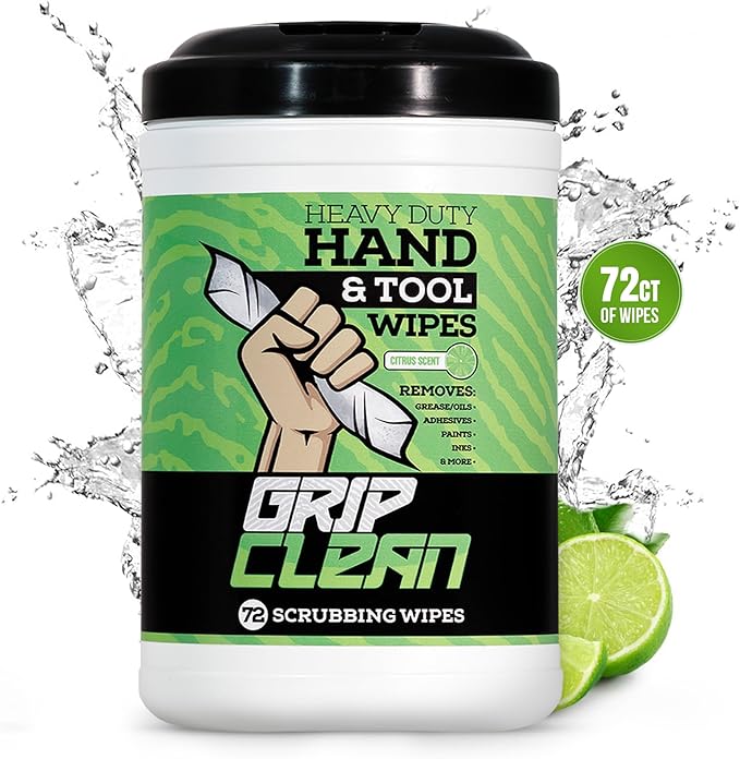 Grip Clean Heavy Duty Hand & Tool Cleaning Wipes – Waterless Hand Cleaner for Mechanics, Garage & Shop Use – Dual-Sided Grease, Oil & Paint Remover Wipes with Citrus Scent - 72ct