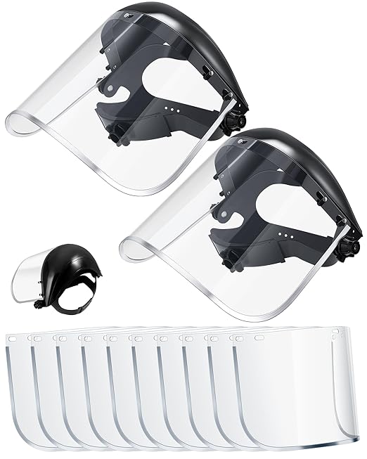 Copkim 2 Safety Face Shield for Grinding and Cutting with 10 Replacement Clear Visor Full Impact Resistant Face Shield Protection Mask for Work Construction Weed Whacking Woodworking (Aluminum Edge)