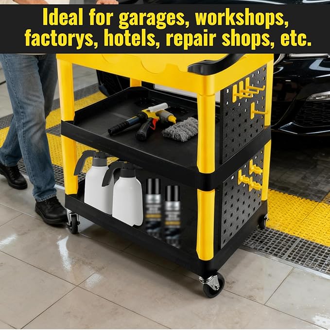 Auto Detailing Cart with Wheels, 3 Tier Car Detailing Cart with Hanging Boards & Hooks, Car Wash Organizer for Garage Workshop DIY Home