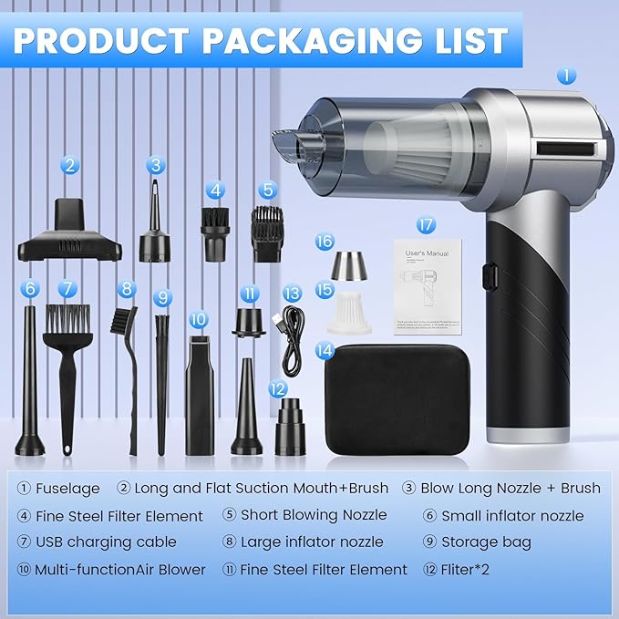 CHUMPOSH Car Vacuum Portable Cordless with 18000PA Super Suction, 4 in 1 Portable Air Blower/Car Vacuum 90°Foldable Handheld Rechargeable Brushless Motor, Gifts for Valentine's Day for Home, PC