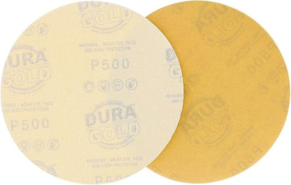Dura-Gold Premium 500 Grit 6" Gold Sandpaper Discs, No Hole Pattern Dustless, Box of 50, Hook & Loop Backing for DA Sander, Finishing Coarse Sanding Abrasive Automotive Paint, Woodworking Wood, Metal