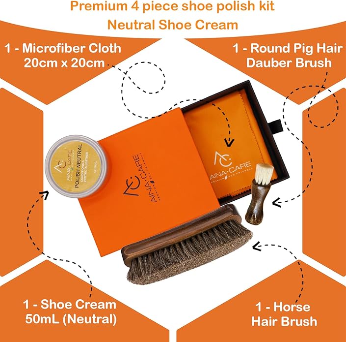 Aina Care Premium I Shoe Care Kit Cream Neutral - Shoe Polish for Leather, Suede & Nubuck Shoes - Shoe Shine Kit (1 Dauber Brush, 1 Horsehair Brush, 1 Microfiber Cloth), 1.69 oz, Transparent
